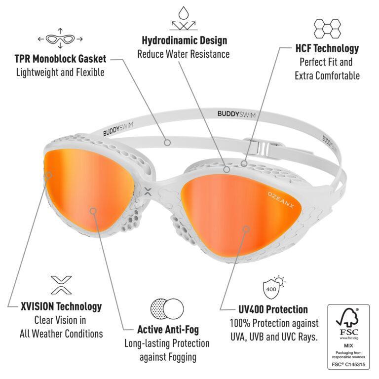 Buddyswim OzeanX Swim Goggles – White / Orange Mirror