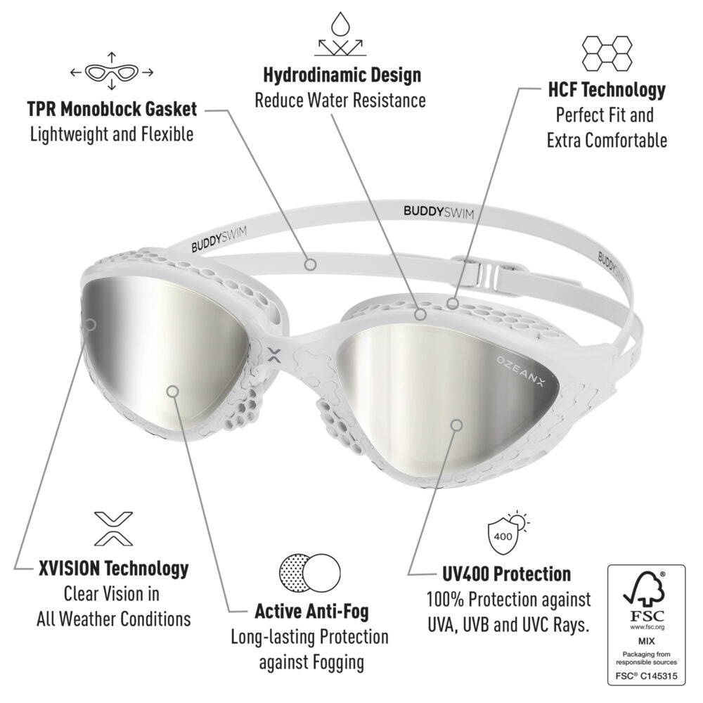 Buddyswim OzeanX Swim Goggles – White / Silver Mirror